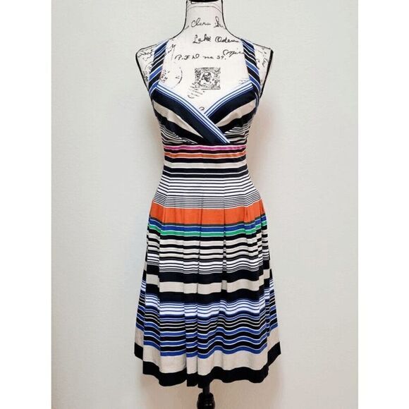 NWT CALVIN KLEIN Retro Striped Cross-back Pleated Dress SIZE S MSRP $134 - Picture 3 of 14